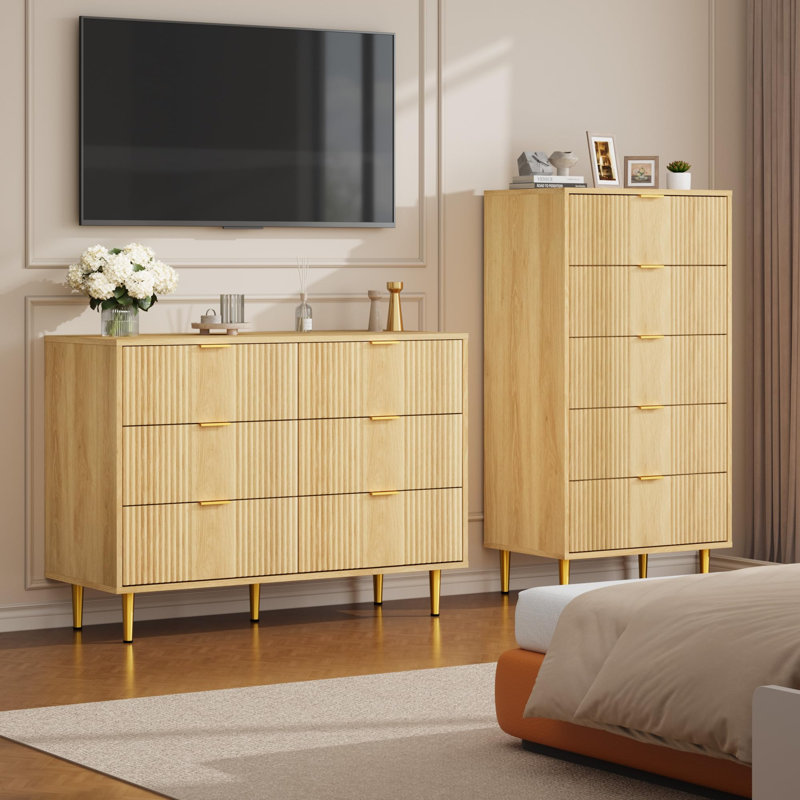 Commode cannelée 39 tiroirs avec poignées en métal 39,4 po, Naturel