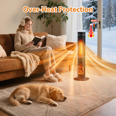 PTC Tower Space Heater, 1500W Electric Heater with Realistic LED 3D Flame Effect, 4 Heating Modes, Oscillation, 12H Timer & Remote Control, Overheat & Tip‑Over Safety Protection for Home Office Bedroom