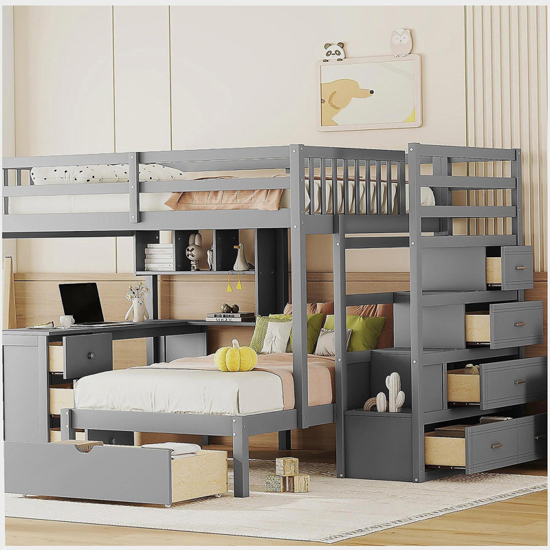 Lit superposé double au-dessus de simple avec bureau, tiroirs et tablettes, gris, Gris