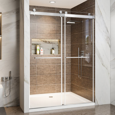 Double Sliding Shower Screen 60" W X 78" H, Soft-Close Brushed Nickel Finish, 3/8" (10Mm) Tempered Glass With Shatter Film, Waterproof Design, Buffer For Smooth Sliding, Adjustable Width Function,