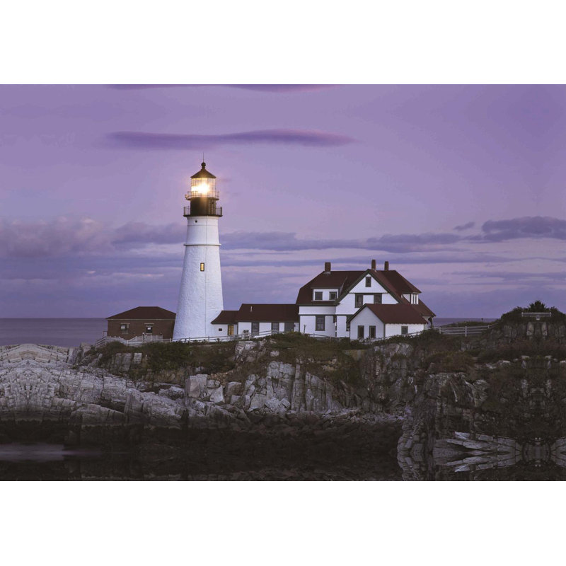 Coastal Lighthouse Home with Purple Sunset Canvas Wall Art