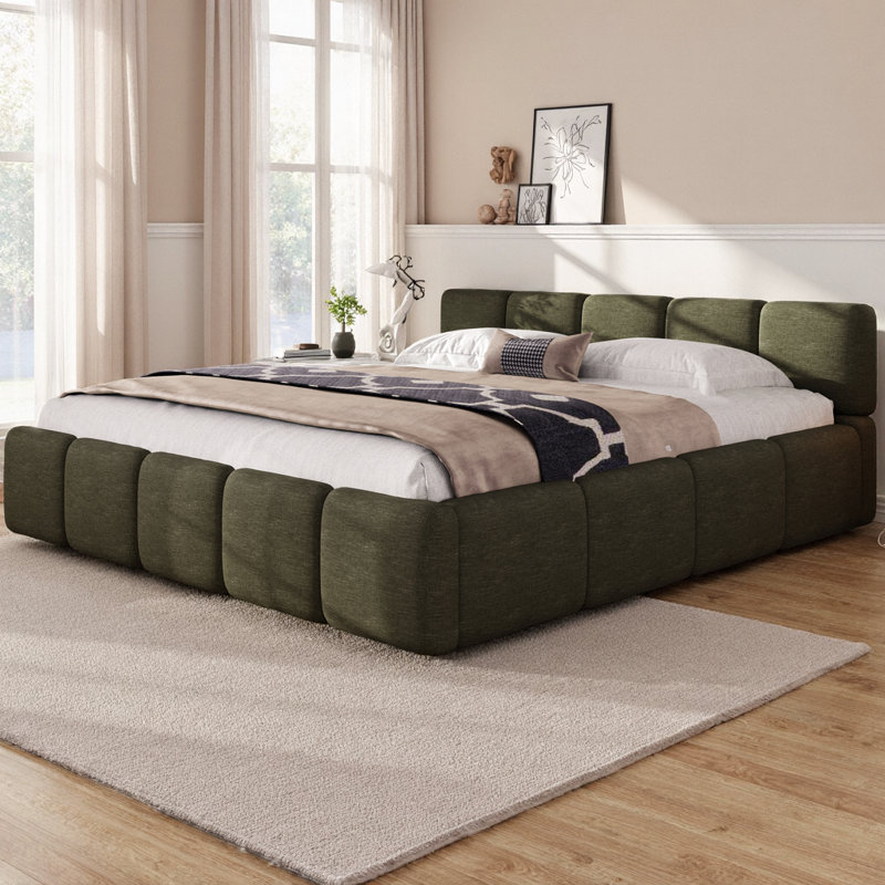 Cocoon King Size Platform Bed with Thick Linen Headboard and Footboard, Upholstered Grounded Block Design, Solid Wood Support, No Box Spring Needed, 800 lb Capacity