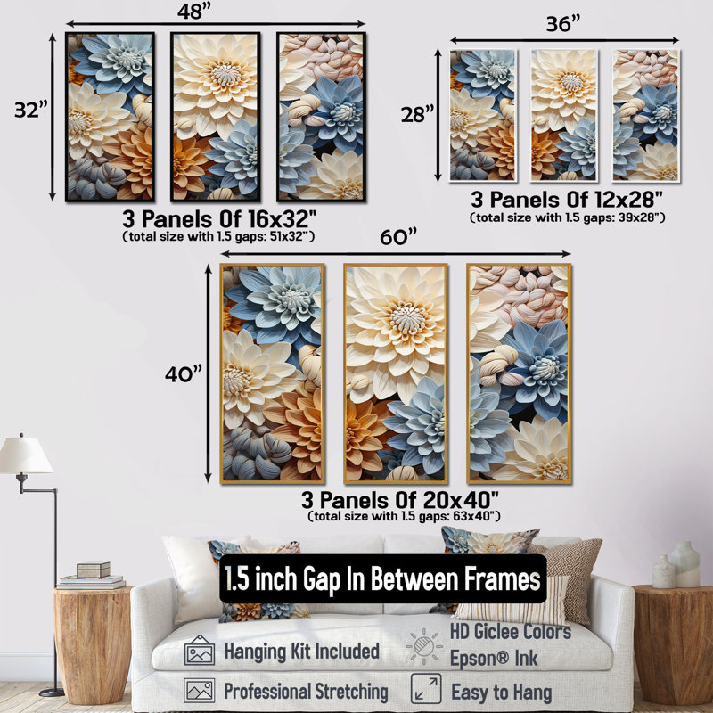 «Simplicity Mums Bloom» en beige et bleu pâle - ensemble d'art sur toile Mums, Cadre flottant noir