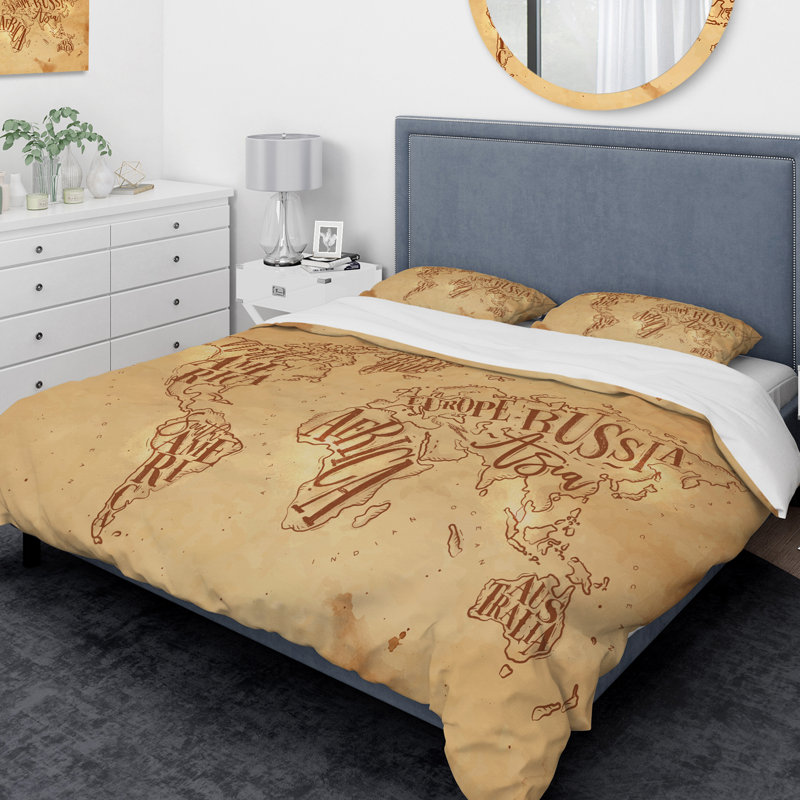 Ensemble de housse de couette Designart World Map in Chalk, Housse simple + 1 taie décorative