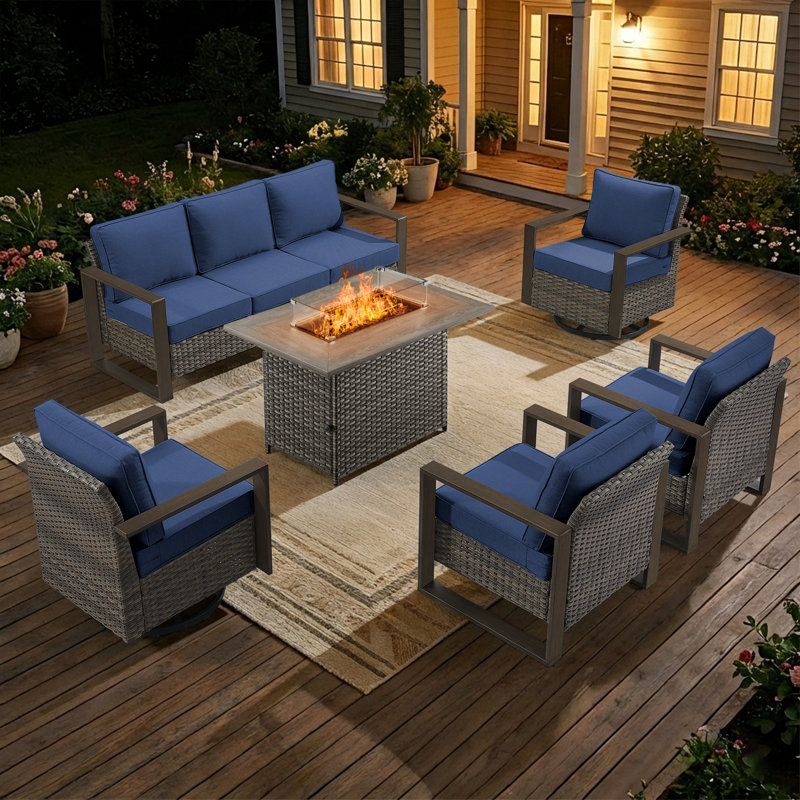 Ensemble de foyer d'extérieur en osier 6 pièces avec chaises pivotantes et fauteuils, Bleu, Gris