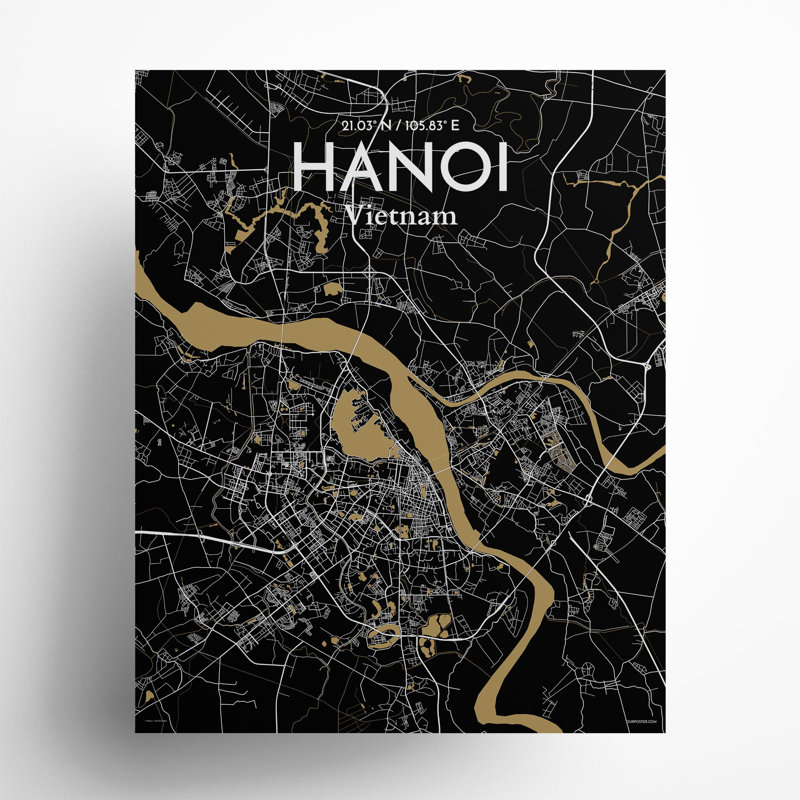 Hanoi, carte de la ville, impression, Noir et or, H 20 po x l 16 po