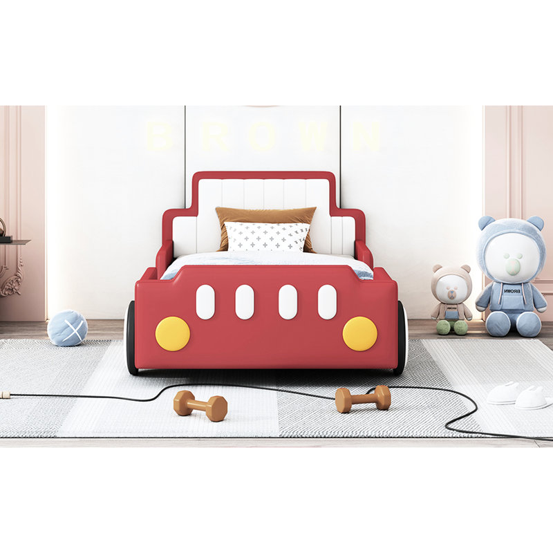 Red Twin Size Race Car-Shaped Platform Bed With Wheels - Comfort And In One Car Ensuring Maximum, Red