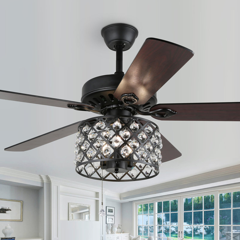 Ventilateur de plafond en cristal à 6 pales de 52 po avec télécommande et ensemble d'éclairage inclus Andella, Noir