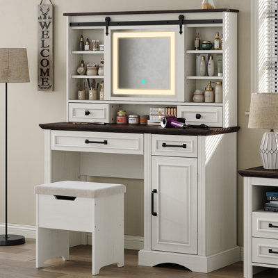 Chester 43.3"W Farmhouse Makeup Vanity With Sliding LED Mirror & Storage Stools for Bedroom