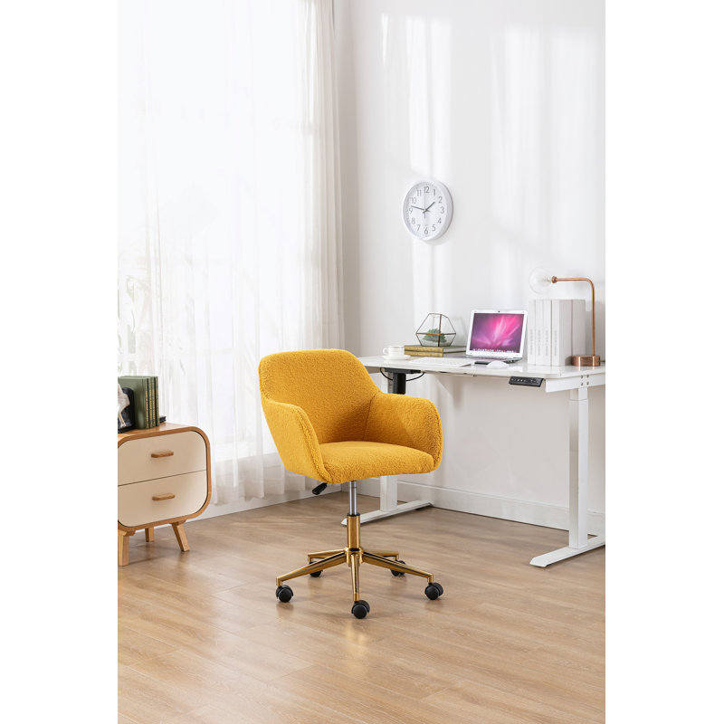 Chaise de bureau rotative à hauteur réglable en tissu Teddy, Peluche jaune