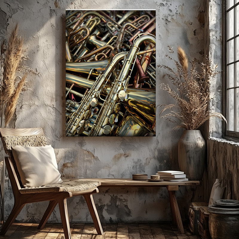 Toile, composition vibrante et dynamique mettant en vedette un ensemble d'art mural en laiton et d'instruments à vent incluant des trompettes de saxophone, art mural