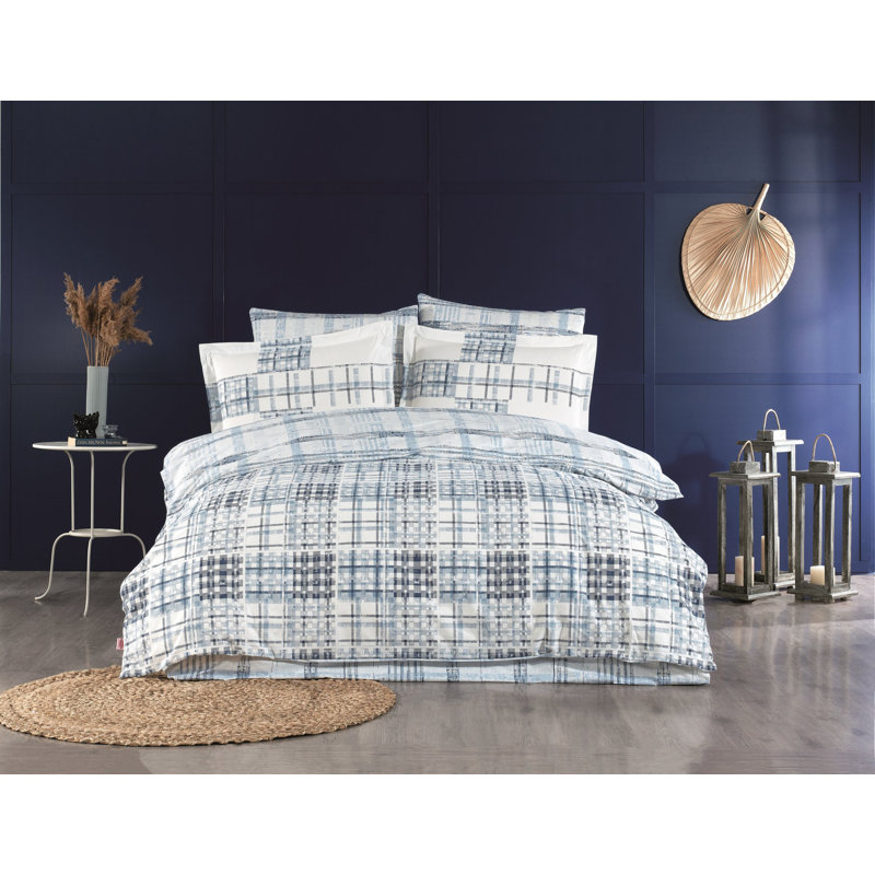 Ensemble de housse de couette double 100% coton, bleu et crème | Housse de couette 78,7 po x 86,6 po, drap plat 94,5 po x 102,4 po, 2 taies d'oreiller 19,7 po x 27,6 po | Linge de maison élégant, lavable à la machine, doux et respirant