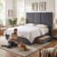 Lit plateforme extra-haut capitonné en velours gris, style contemporain glamour, avec tiroirs de rangement, format King, gris-1624956750-1624956747