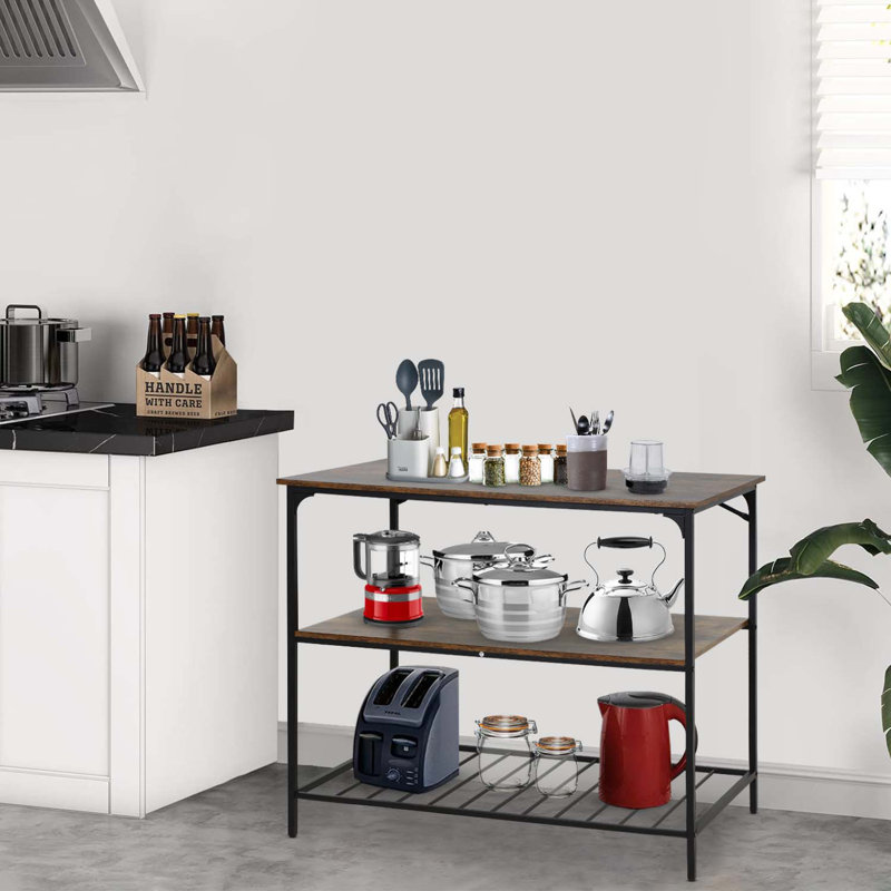 3 Tier Kitchen Island Kitchen Storage Kitchen Counter With Large Storage Space Thick Board Top Solid Structure For Kitchen Coffee Shop Restaurant Living Room Dinning Room,Brown