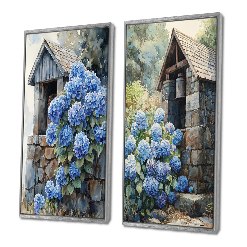 Hortensias par The Farm Well I - impressions sur toile florales 2 panneaux, H 40 po x l 41 po, Encadrement argenté