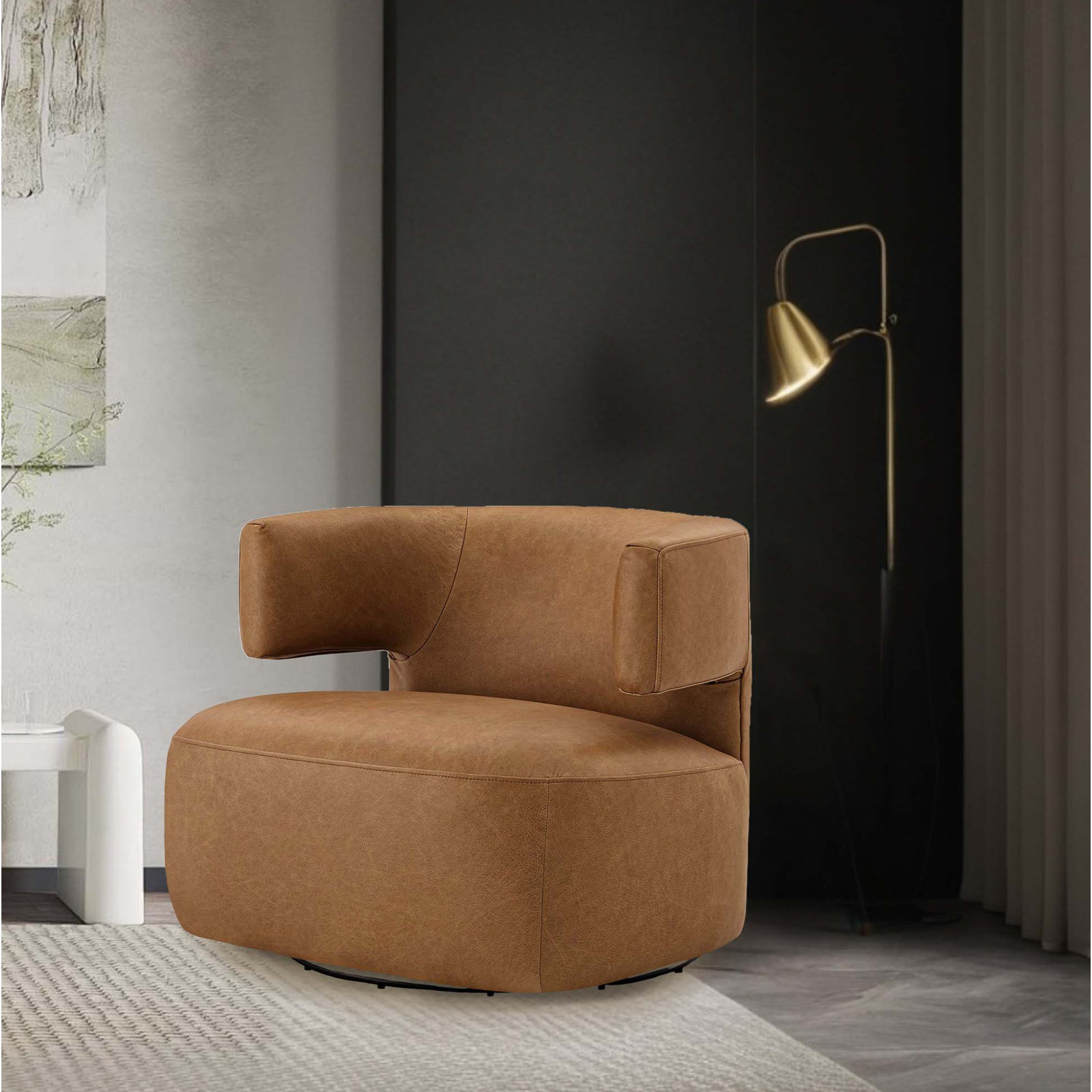 Bascom Genuine Leather Swivel Barrel Chair, Marseille Brown