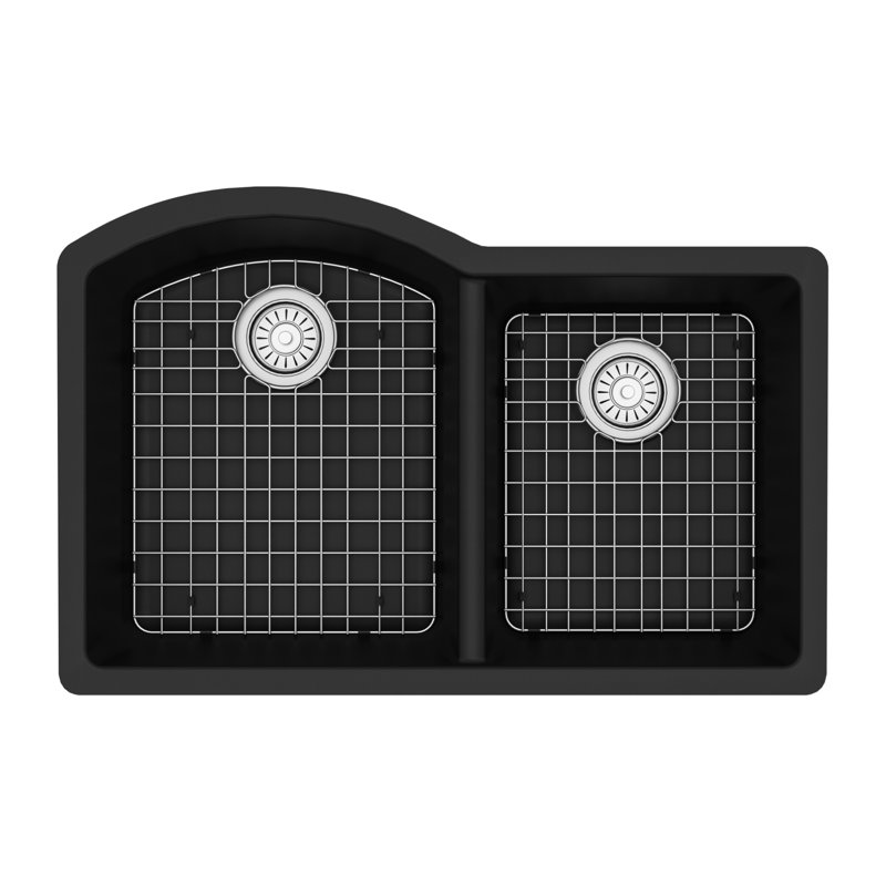 Karran Quartz 32'' X 21'' Double Bowl 60/40 Undermount Kitchen Sink Kit, Black