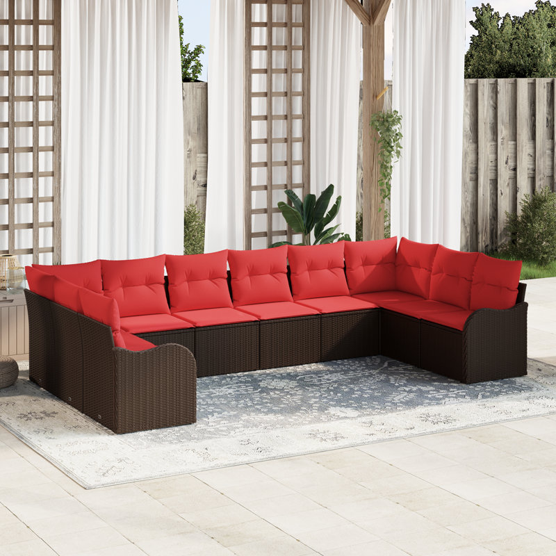 vidaXL Sofa Set with Cushion 10 pcs Brown Polyester, Brown Frame/Red Cushion