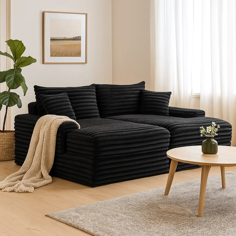 Canapé double Teya, 2 coussins, revêtement en chenille noire, 94 po, Noir