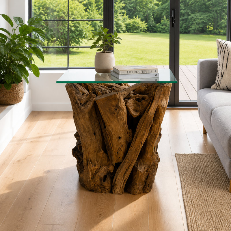 Modern Natural Teak Root Coffee Table with Tempered Glass Top Handmade Wooden Center Table, 50cm H x 60cm L x 49cm W