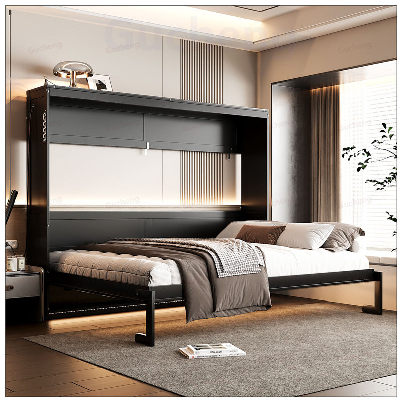 Lit escamotable moderne pliant sur le côté avec motif imprimé tendance, éclairage DEL sous le lit et prise USB intégrée