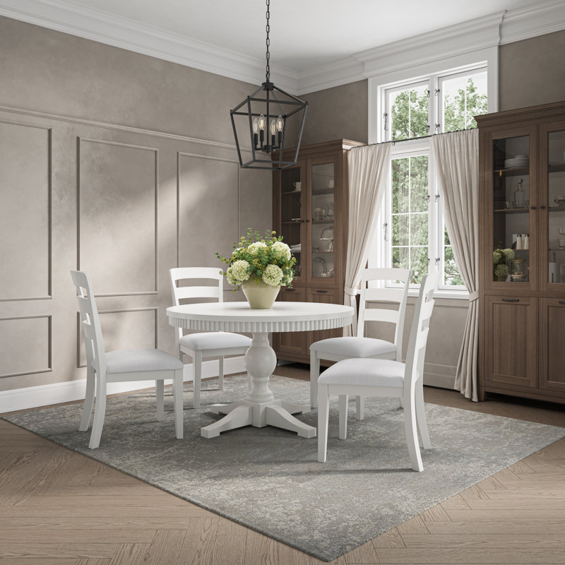 Gunes Modern Farmhouse Five Piece Round-to-oval Dining Set With Ladderback Chairs - White, White