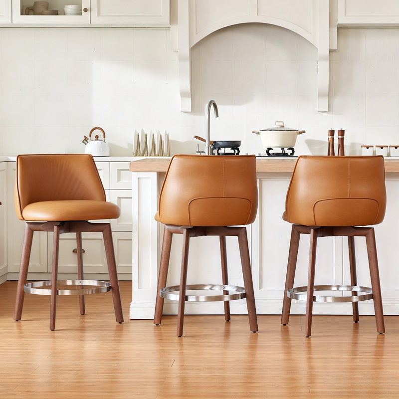 Modern Counter Height Bar Stools Set of 3, 26'' Swivel Bar Stools with Backs Sturdy Solid Wood Legs,Brown Faux Leather Counter Stools for Kitchen Island