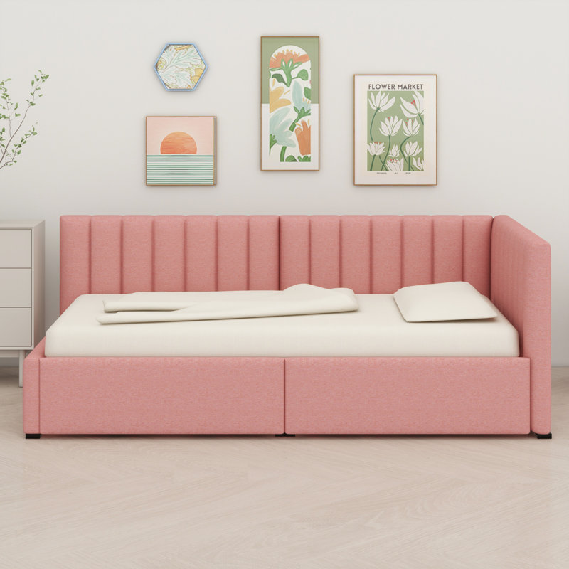Upholstered Daybed With 2 Storage Drawers, Pink