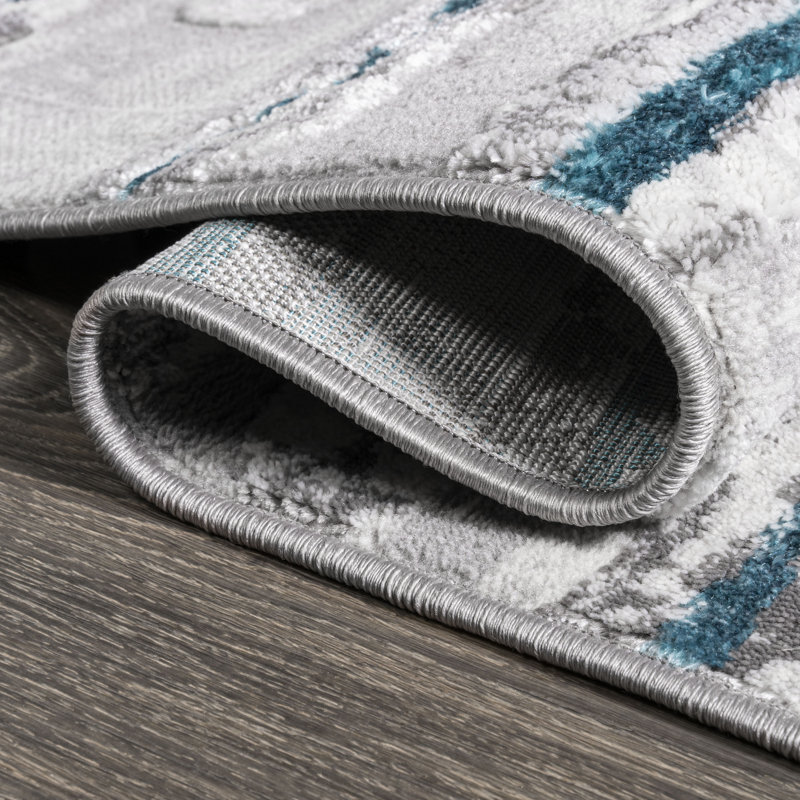 Batten Modern Stripe Gray/Turquoise Rug, Runner 2' x 8'