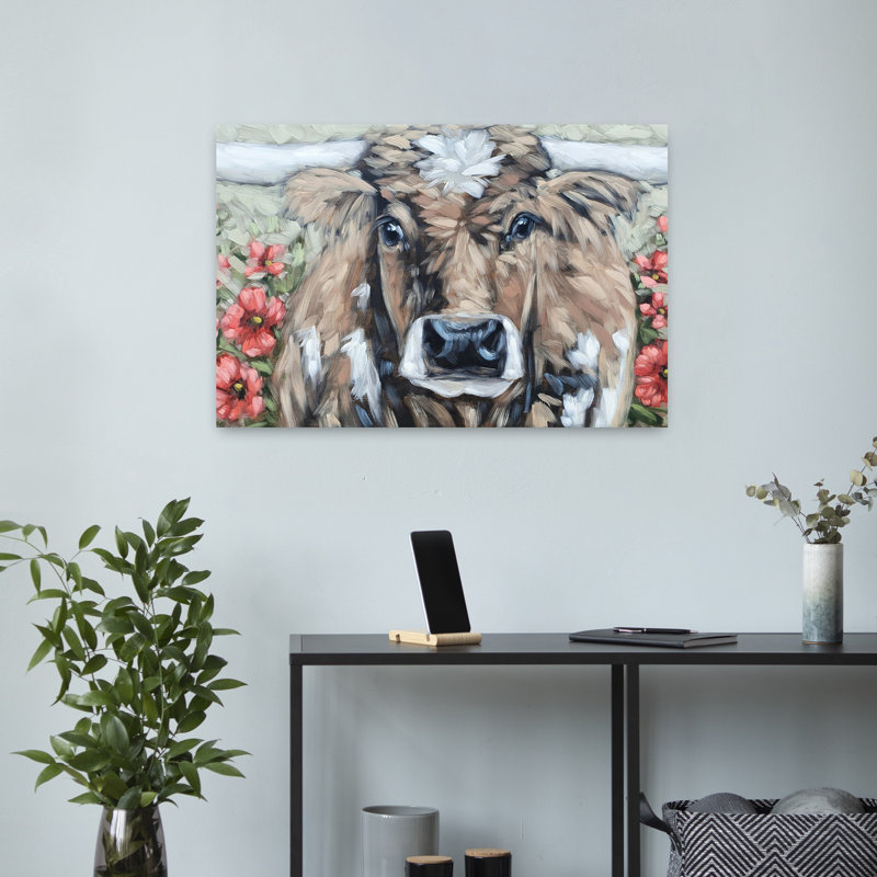 «In The Flower Fields», art contemporain abstrait, paysage de vache, H 24 po x l 16 po