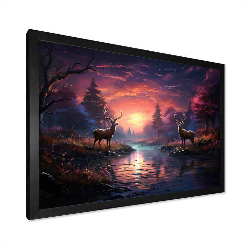 «Deer Enchanted Twilight I», reproduction sur toile, Cadre simple noir, H 24 po x l 32 po x P 1 po