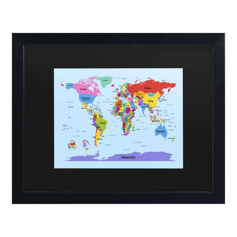 « childrens world map », art encadré, H 11 po x l 14 po x P 0,5 po, Noir