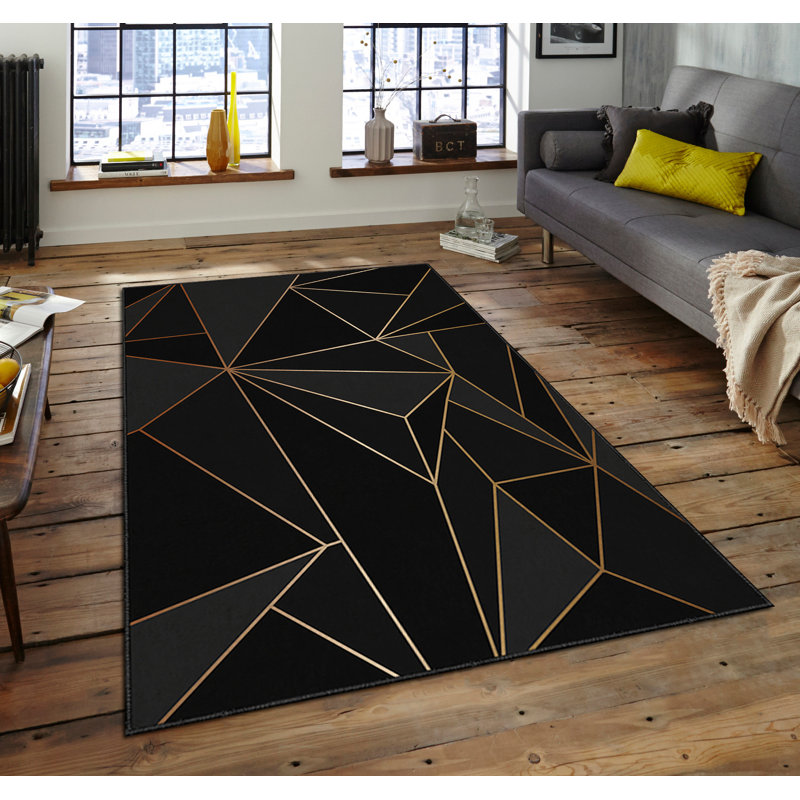 Tapis rectangulaire noir en polyester tissé à la machine, Rectangle 5 pi 11 po x 9 pi 2 po