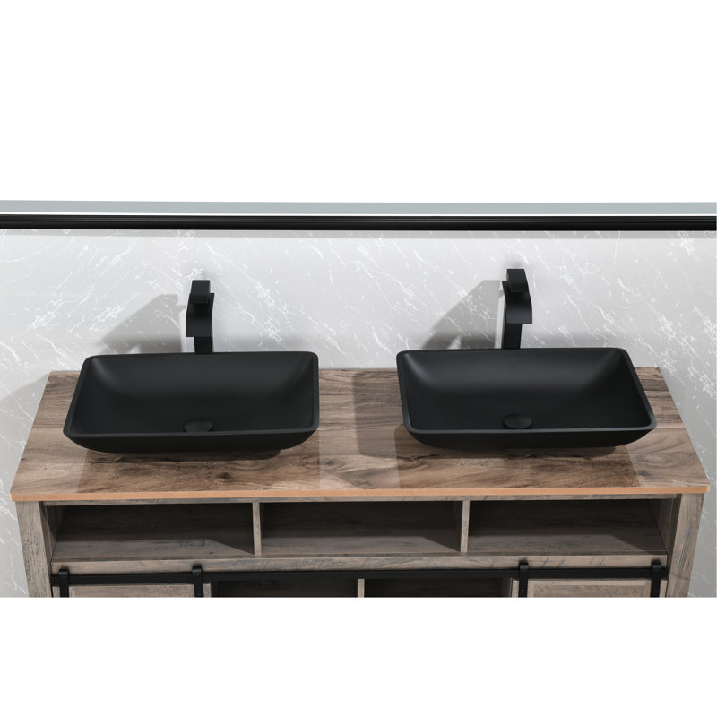 One Bathroom Sink In Black Matte - 14.38"L X 22.25"W 4-3/8"H, Glass With Faucet And Pop-Up Drain 23.8 Lb