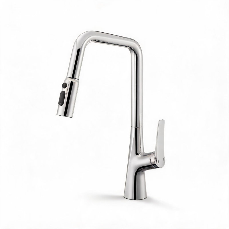 Robinet de cuisine en métal chromé avec douchette extractible et interrupteur à une touche