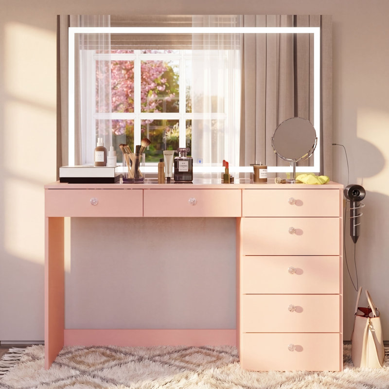 Coiffeuse Brielle Premium avec haut-parleurs Bluetooth et miroir à DEL, Clair