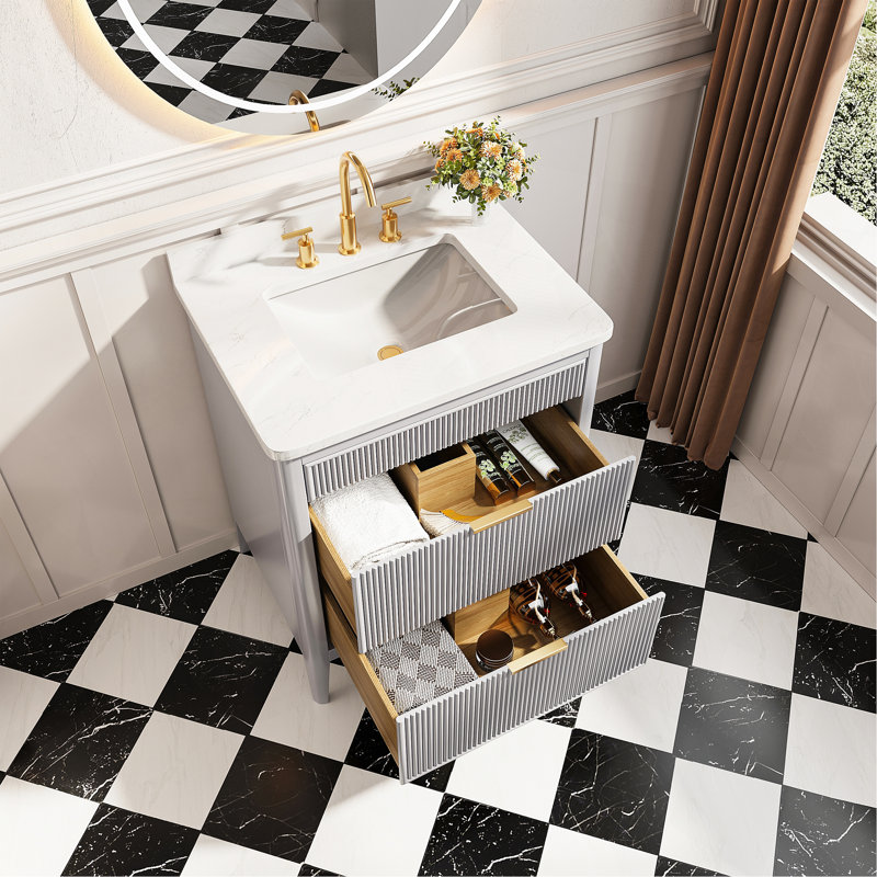 Ensemble de meuble-lavabo autoportant 30 po avec 2 ensembles de poignées et plateau en marbre d'ingénierie entièrement assemblé gris