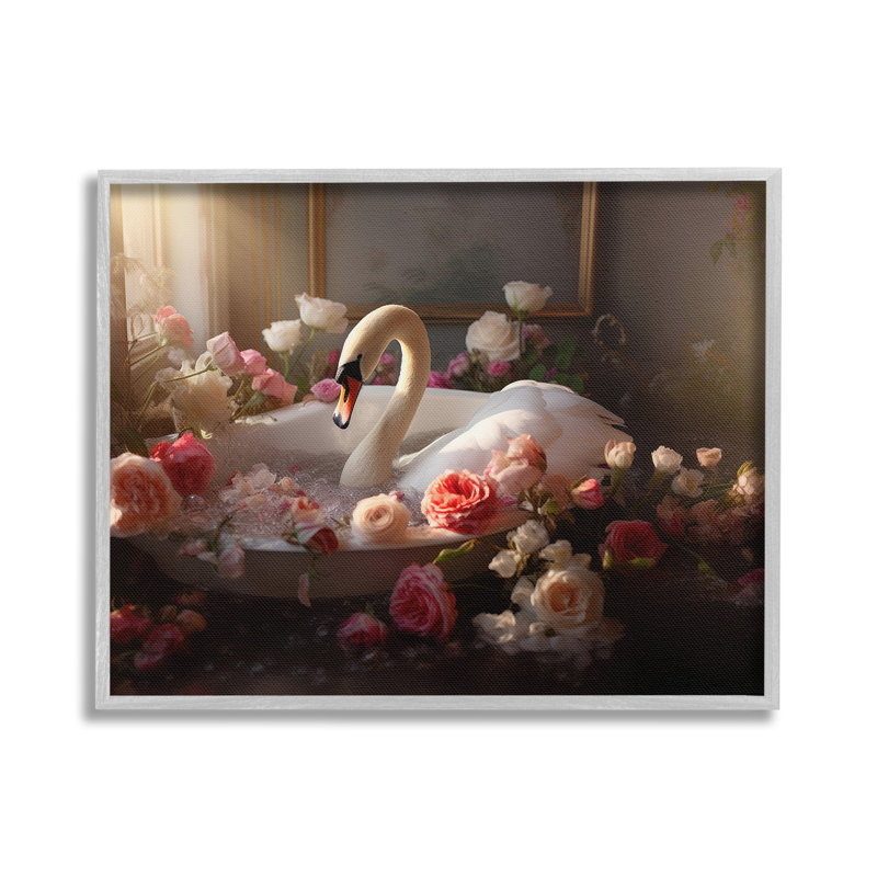 Cygne et roses de salle de bain, estampe numérique encadrée par Lazar Studio, Estampe numérique Farmhouse, H 24 po x l 30 po