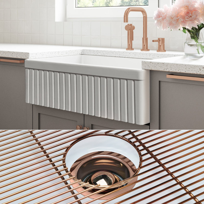 Luxury Solid Fireclay Farmhouse Sink, Polished Rose Gold Accessories