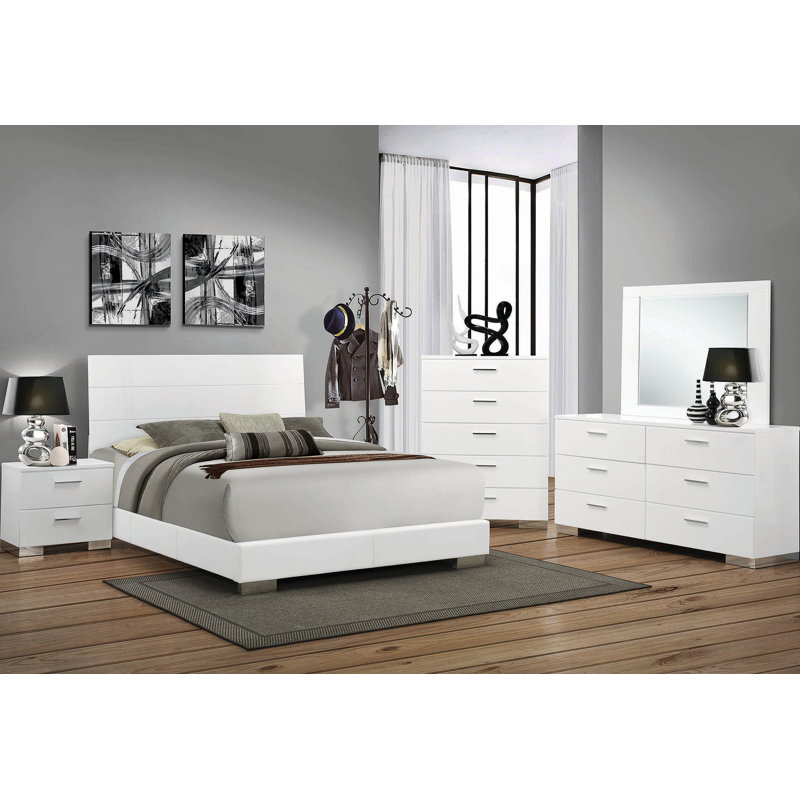 Vyara Bedroom Set in Glossy White, King, 6 Pieces: Bed,2 NightStands,Dresser,Mirror, Chest