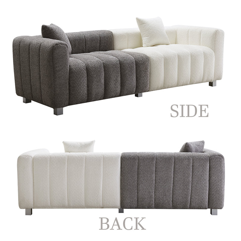 87" Modern Velvet Upholstered Sofa with Low Backrest, 3-Seater Couch, White/Gray