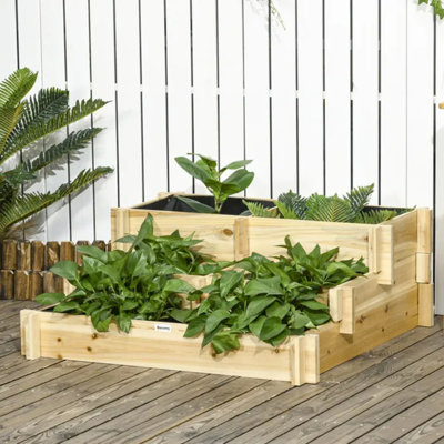 Natural 3-Tier Fir Wood Elevated Raised Garden Bed with Drainage Liner