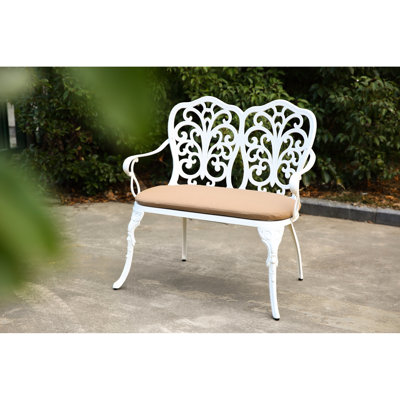 Banc blanc rembourré en métal et aluminium coulé avec rose floral, convient pour l'extérieur de patio, de pelouse et de jardin captivant