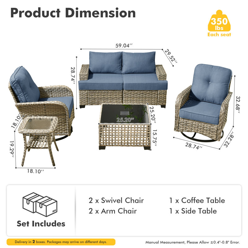 Ensemble de conversation avec canapé 6 pièces avec foyer et coussins Carolle, Bleu denim