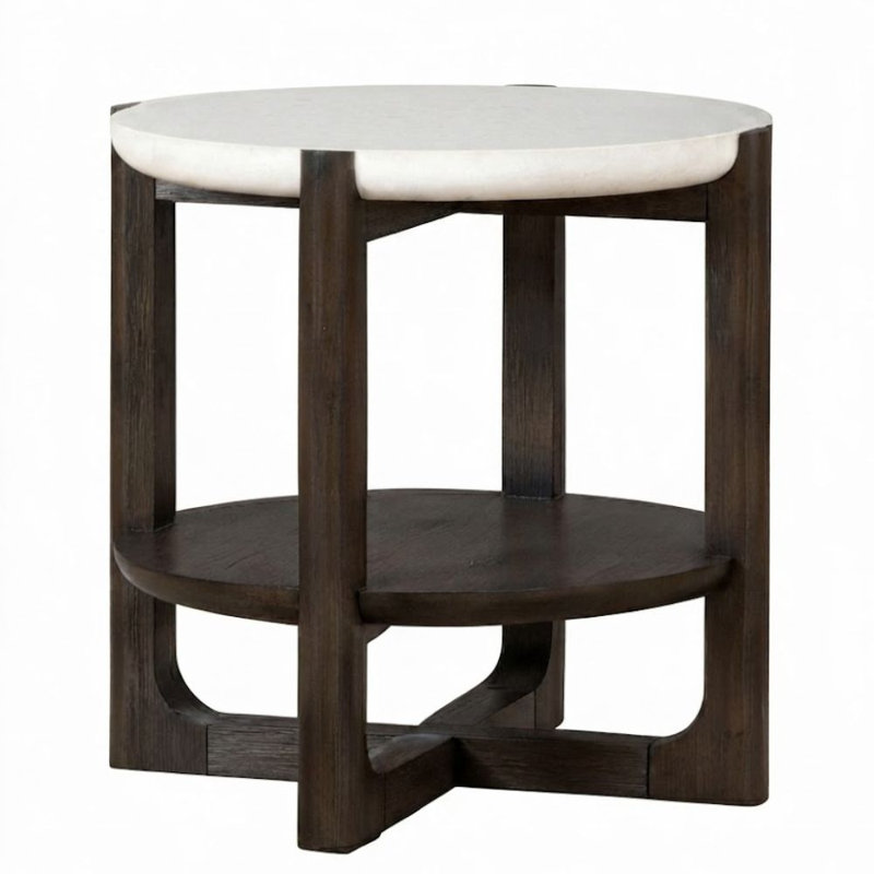 Table de bout ronde en pierre de quartz brun / blanc avec tablette ouverte et ports de charge USB 21,5 po Rafferty