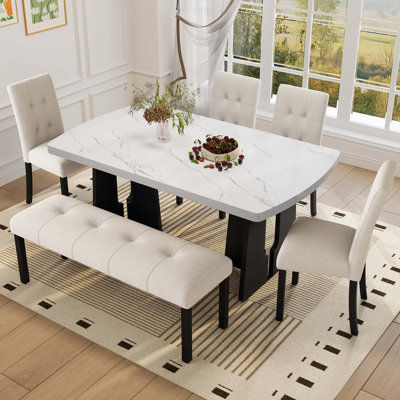 Ensemble de table de salle à manger moderne 6 pièces, table de salle à manger en faux marbre 63 "avec pieds géométriques, 4 chaises rembourrées et 1 banc, convenant à la salle à manger