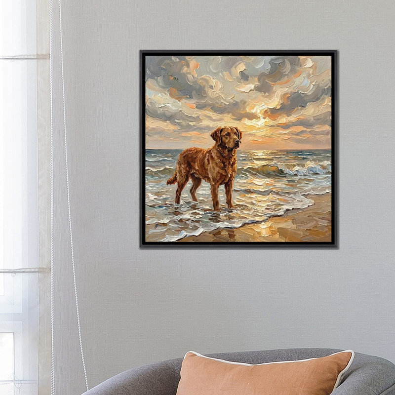 «Beach Day - Chesapeake Bay Retriever», reproduction d'art sur toile encadrée, 26" x 26", Framed Canvas, Distressed Black