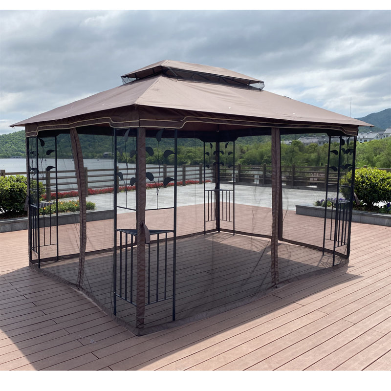 Tente de pavillon de jardin 13x10 avec double toit ventilé et moustiquaire, H 108,66 po x l 157,48 po x P 118 po, Brun