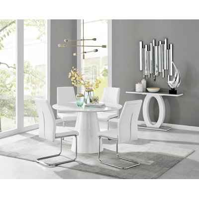 Edward Statement Pedestal Dining Table Set with 4 Luxury Faux Leather Upholstered Dining Chairs