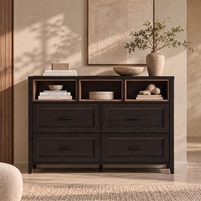 Commode à 4 tiroirs avec 3 niches ouvertes couleur noyer, Noir